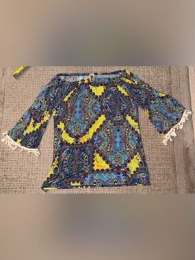 R. Rouge yellow blue Off Shoulder Paisley Tassel Bell Sleeve Boho Top small s